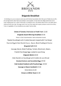 Brigands Breakfast menu