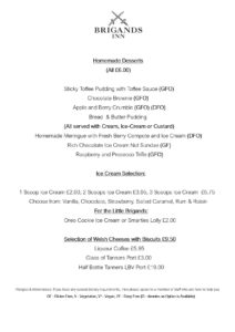 Brigands Lunchtime Desserts Menu Sample